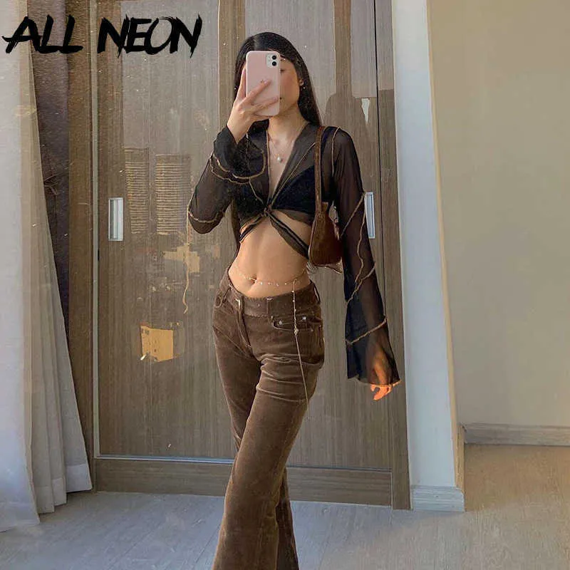 ALLNeon E-girl Esthétique Bandage Noir Mesh Crop Tops Pastel Goth Y2K Profond V-Neck Flare Sleeve Patchwork T-shirts Sexy Outfits Y0629