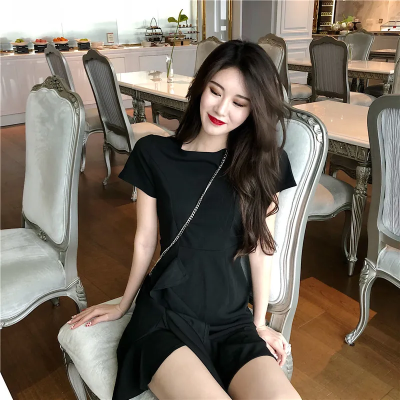Solide Rüschen Vestidos Kurzarm Hohe Taille Schwarze Frauen Kleid Sexy Mini Kleider Koreanische Mode Ins 15052 210415