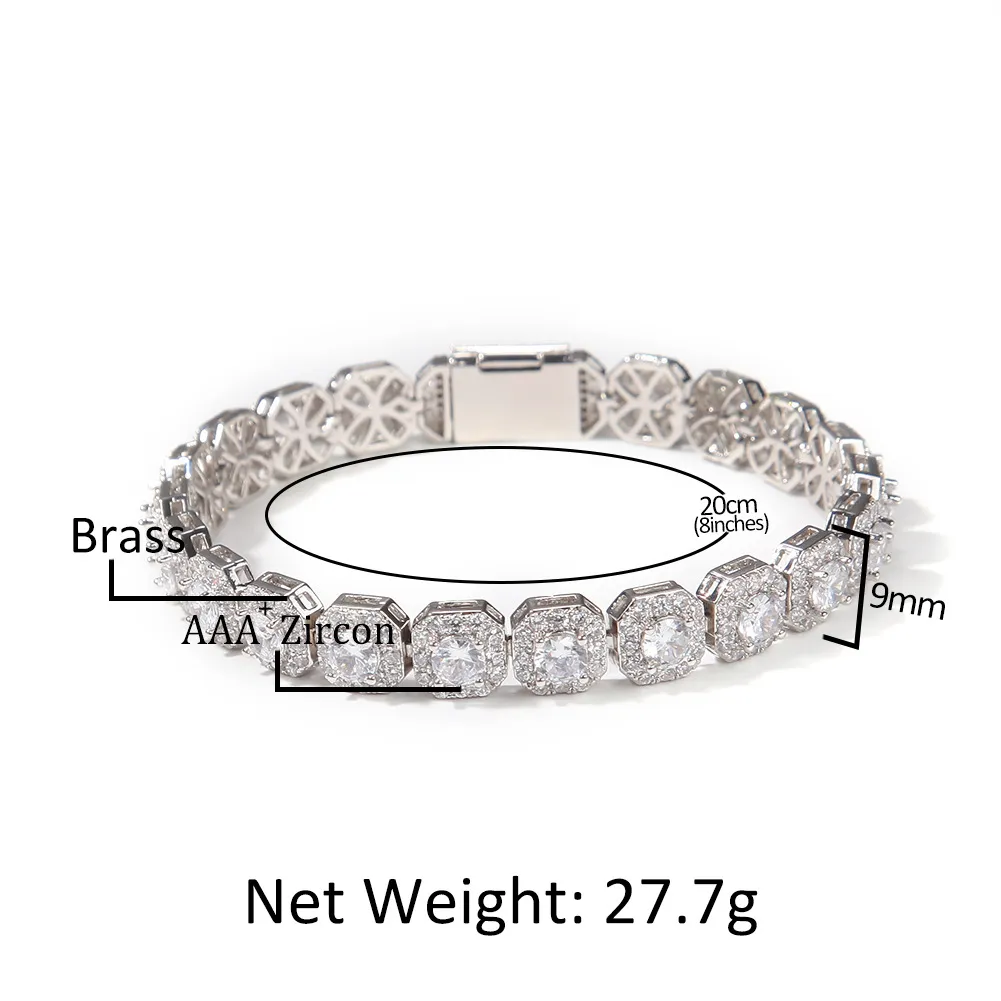 Sugar roccia quadrata da 9 mm Zircon zircone Dianond Tennis Bracelt Chain