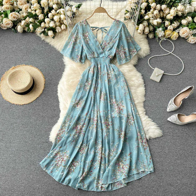 Frauen Sommerkleid Kurze Flare Ärmel V-Ausschnitt Chiffon Maxi Boho Stil Blumendruck Hohe Taille A-Linie Strand lang 210603