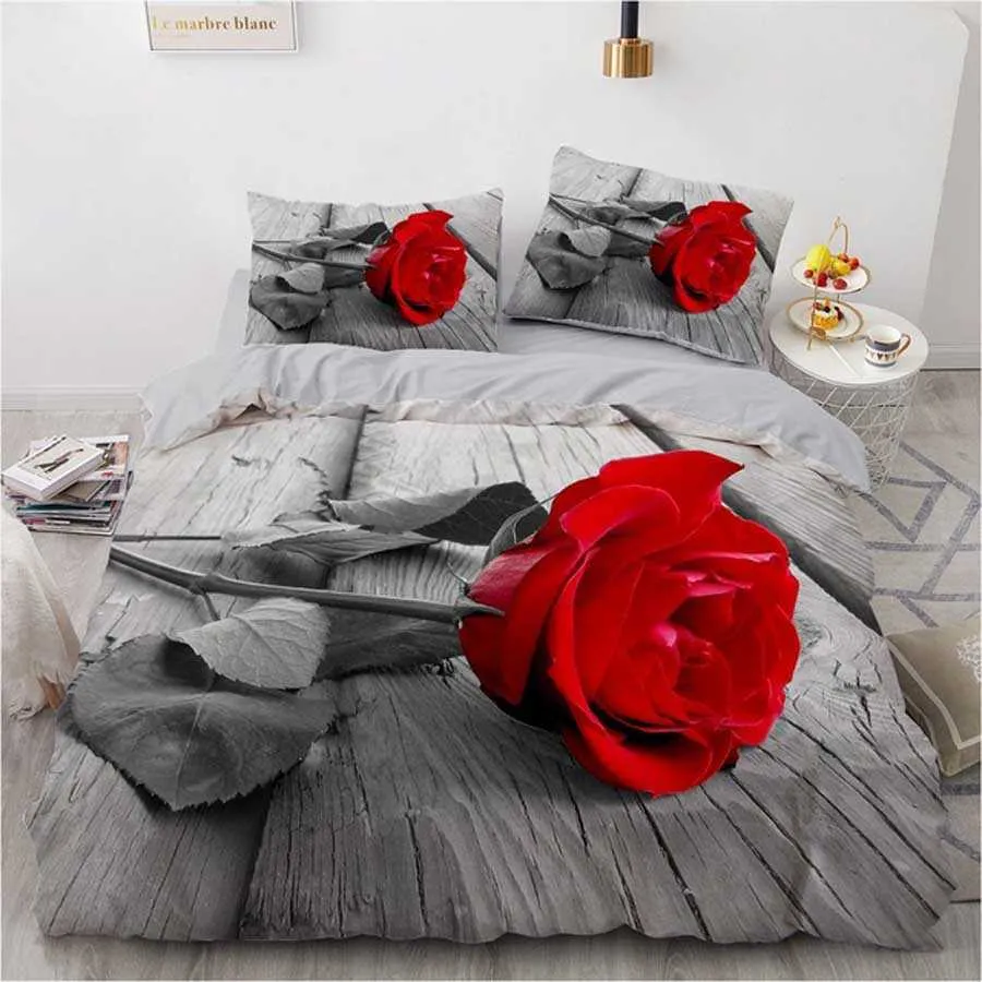 Wostar 100 % 폴리 에스터 Conforter 세트 3D 침구 세트 Duvet 덮개 및 베갯잇 빨간 장미 꽃 홈 텍스타일 2 / bedclothes H0913