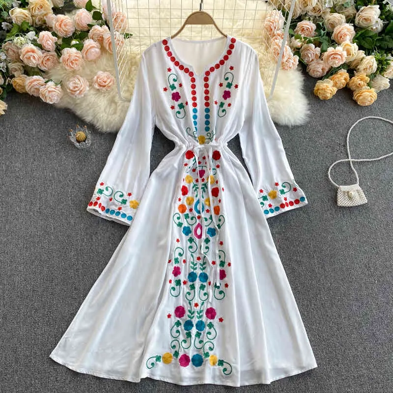 SINGREINY Retro Court Wind Print Dress Women V Neck Long Sleeve Lace Up A-line Dresses Spring Casual Fashion Korean Midi Dress 210419