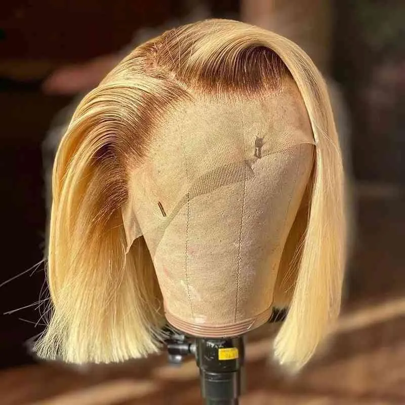 Pre Plucked Cuticle Aligned Blonde Human Hair Wig Deep Part Honey Blonde Bob Wigs With Dark Roots