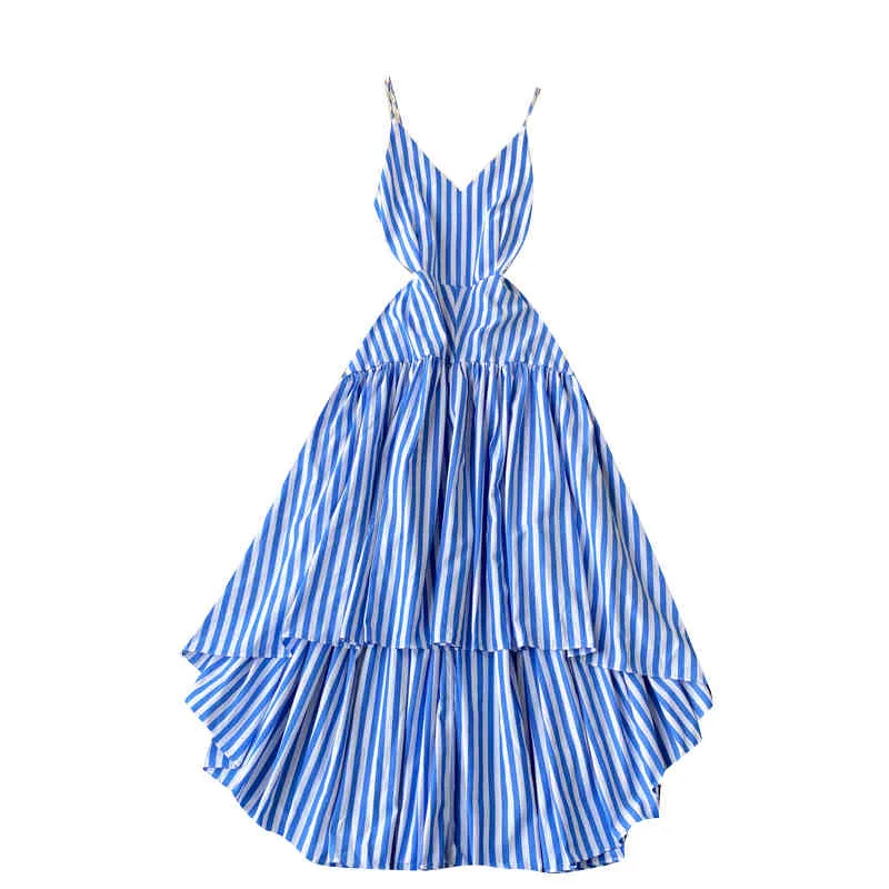 Singreiny Dames Retro Stripe Strap Dress Chic V-hals Mouwloze Backless A-lijn Jurken Zomer Sexy Off Shoulder Onregelmatige Jurk 210419