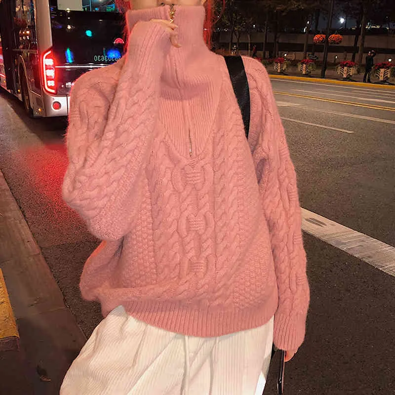 Twisted Knitted Zip-up Pullover Sweater Women Winter Thick Warm Korean Solid Loose Female Jumpers Tops Femme 210513