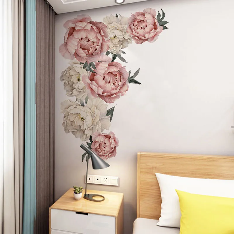71.5x102 cm Große Rosa Pfingstrose Blume Wandaufkleber Romantische Blumen Wohnkultur für Schlafzimmer Wohnzimmer DIY Vinyl Wandtattoos
