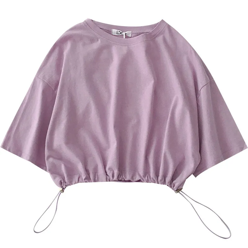 Kimutomo estilo fresco camiseta sólida mujer verano moda coreana ropa femenina o-cuello cordón tops cortos casual 210521
