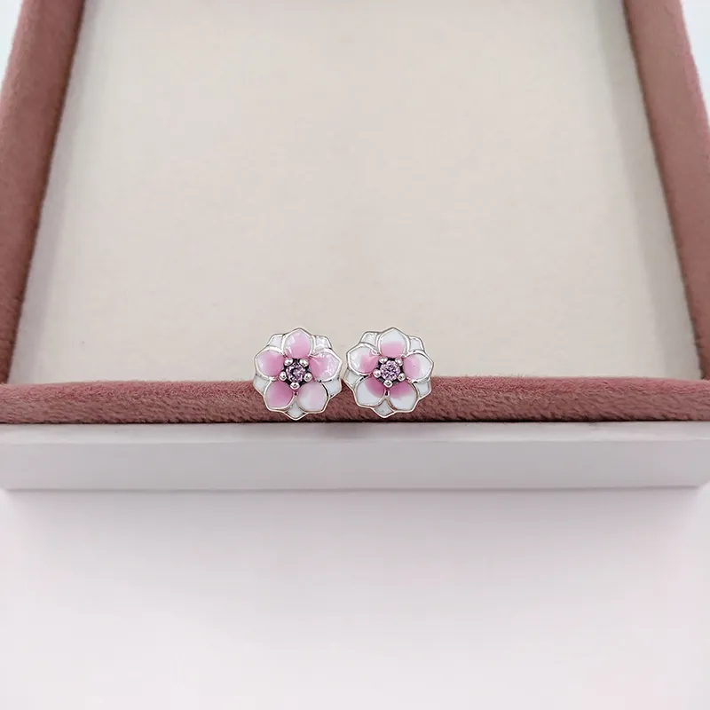 Hot Designer Jóias Autêntica 925 Sterling SilverMagnolia Bloom Pálido Cerise Esmalte rosa Cz Stud Brinco Pandora Brincos Luxo Mulheres Dia dos Namorados Presente de Aniversário