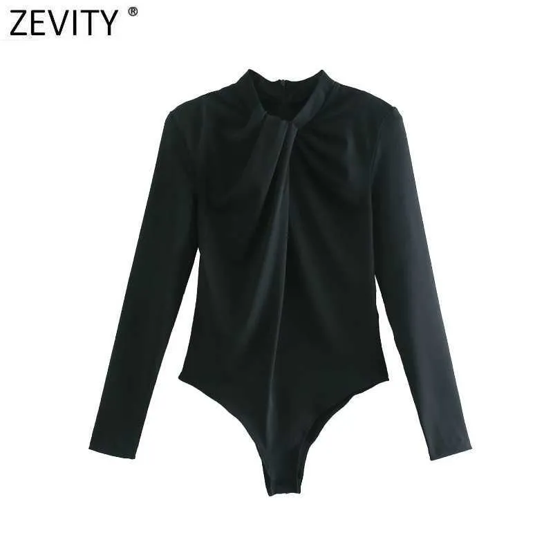 Zevity Women Fashion O Neck Knotted Dekoration Bodysuits Ladies Shoulder Padded Back Zipper Slim Siamese Chic Rompers LS7321 210603