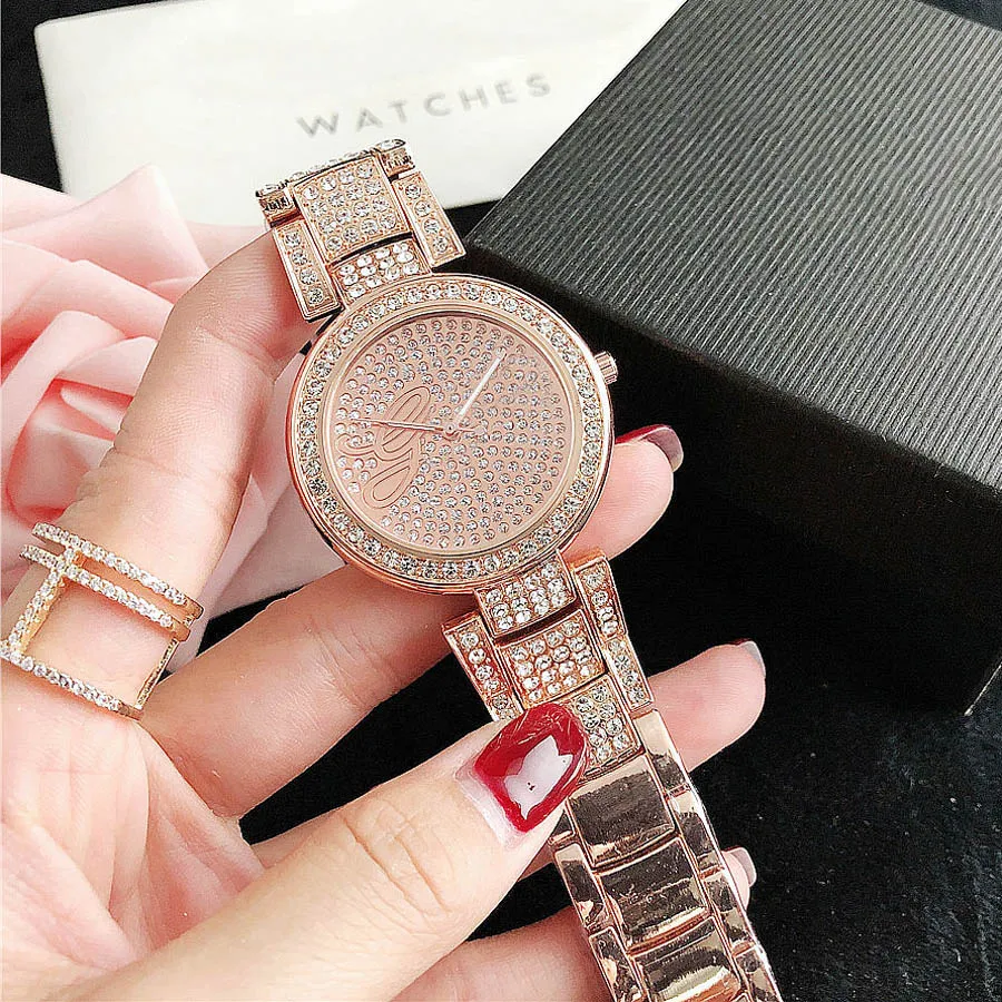 Brand Watches Women Lady Girl Diamond Crystal Big Letters Style Metal Steel Band Quartz Wrist Watch GS 419704519