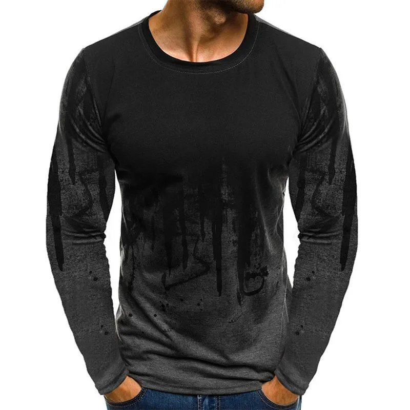 Homme T-shirt Gradient Couleur Encre imprimée Compression rapide Sec T-shirts T-shirts Chemise à manches longues Tops Fitness Gym Vêtements 210515