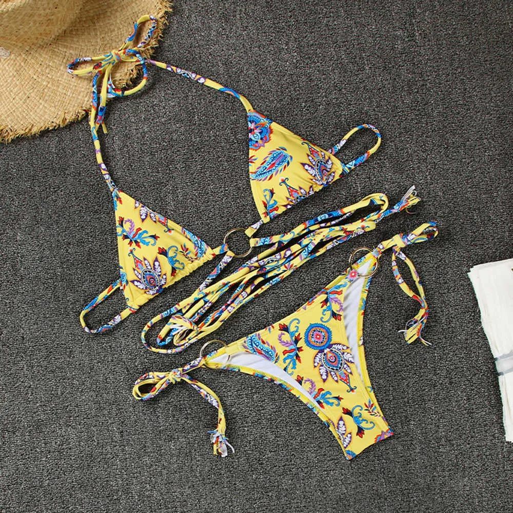 Sexig bikini Kvinnor Skriv ut Baddräkt Baddräkt Kvinna Bandage Set Brasiliansk Badkläder Sommarstrand Wear Biquini 210621