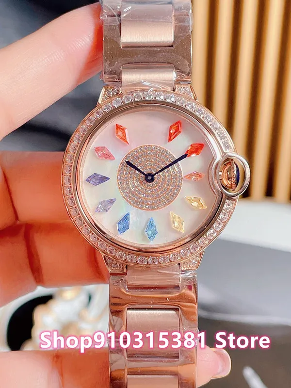 Marque de mode géométrique arc-en-ciel gemme montres femmes en acier inoxydable nacre coquille montre-bracelet femme horloge à Quartz 36mm