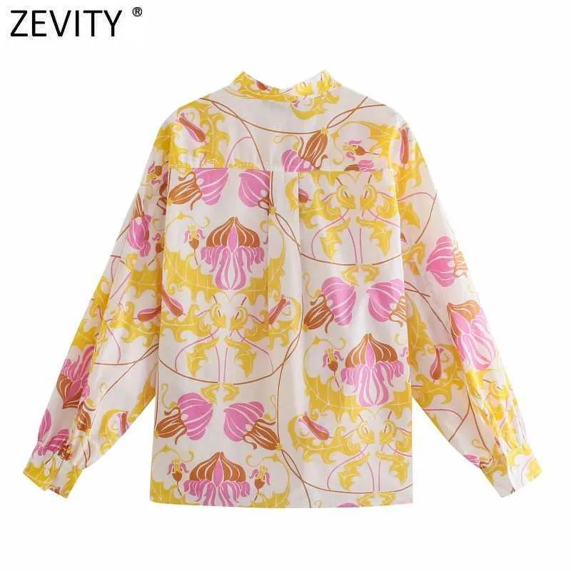 Zevity Women Fashion Stand Collar Totem Blusa con estampado floral Mujer Manga larga Chic Kimono Camisa Bolsillos Blusas Tops LS9395 210603