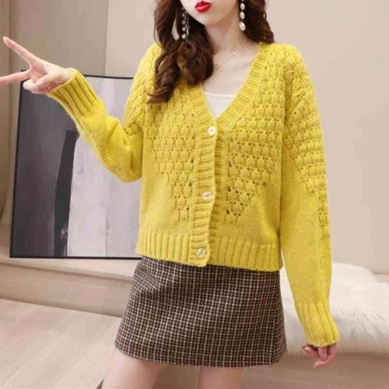 Vintage fasta ananas mönster singel breasted stickad sweater cardigan kvinnor koreanska v-neck lös puff hyle topp 210514