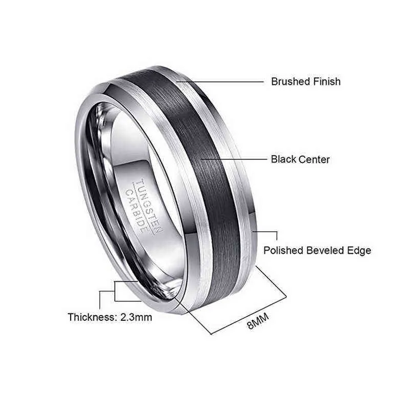 NUNCAD Tungsten Carbide Ring 8MM Men's Brushed Finish and Black Center Beveled Edge Size 5 to 14 Wedding Engagement 211217