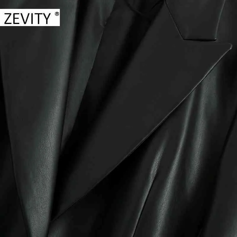 Zevity WomenヴィンテージソリッドカラーPUレザーブレザーコートオフィスレディースポケット因果緩いスタイリッシュな服装スーツコートTOPS CT579 210419