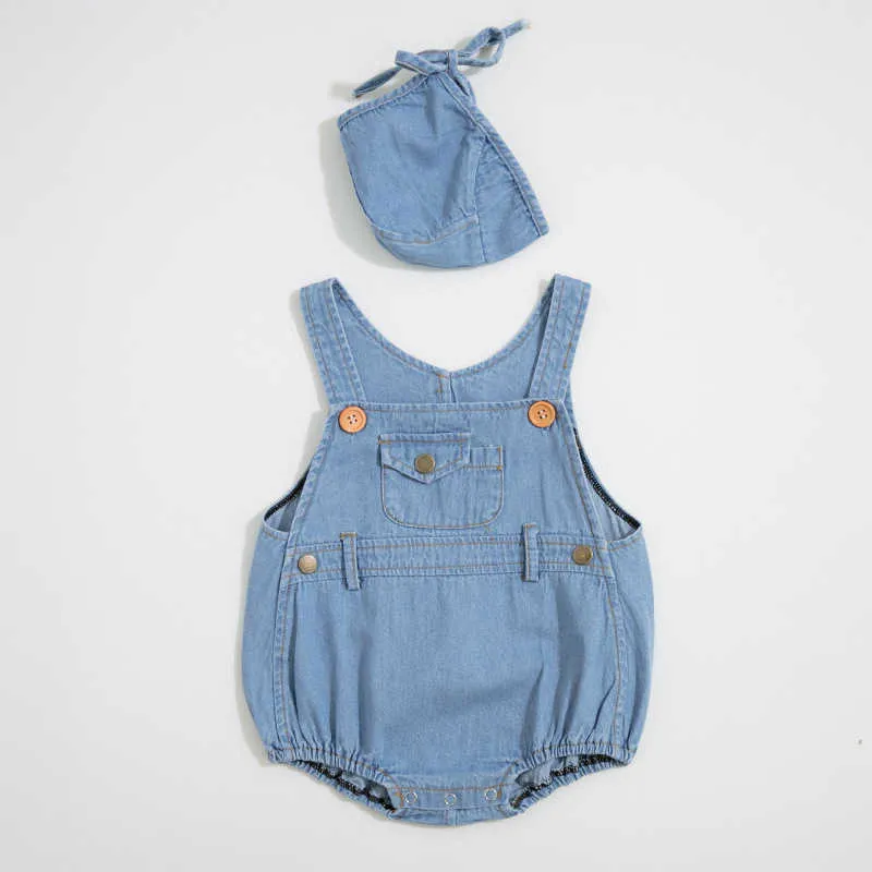 Sommar spädbarn baby denim bodyysuits med hatt barn solid färg casual jumpsuits 0-3 år barn kläder 210708