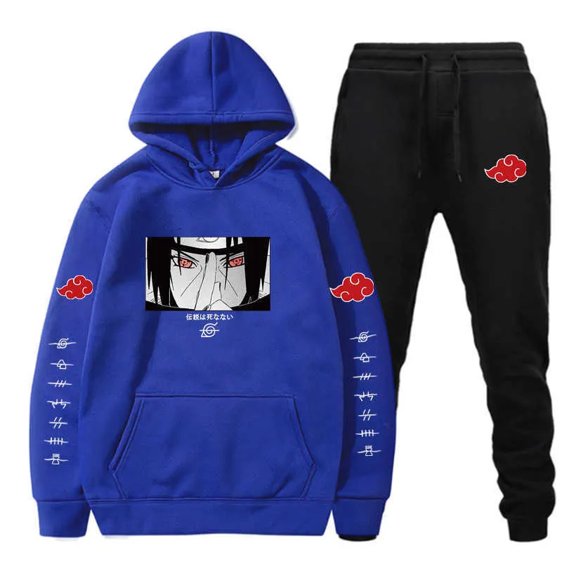 2 stycken set hoodies + byxor Akatsuki moln symboler tryck Tracksuit män kvinnor Sweatshirt Streetwear Pullover sudaderas sportkläder y0831