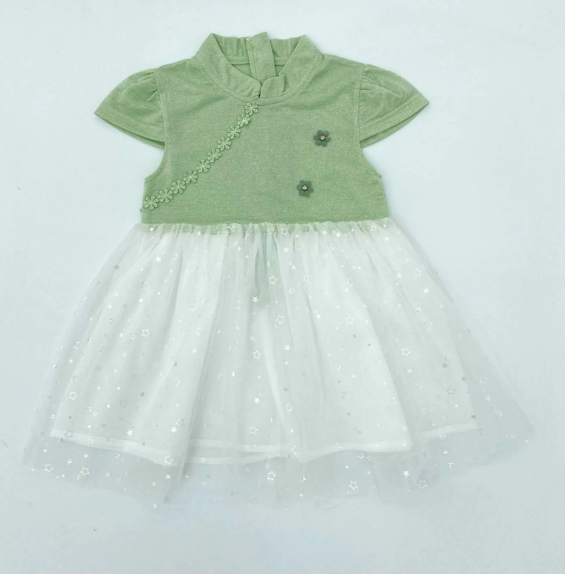 Niedliches Cheongsam-Mesh-Patwork-Kleid im chinesischen Stil für Babys, Sommer, 2 Farben, Bling-Geburtstagskleider 210708