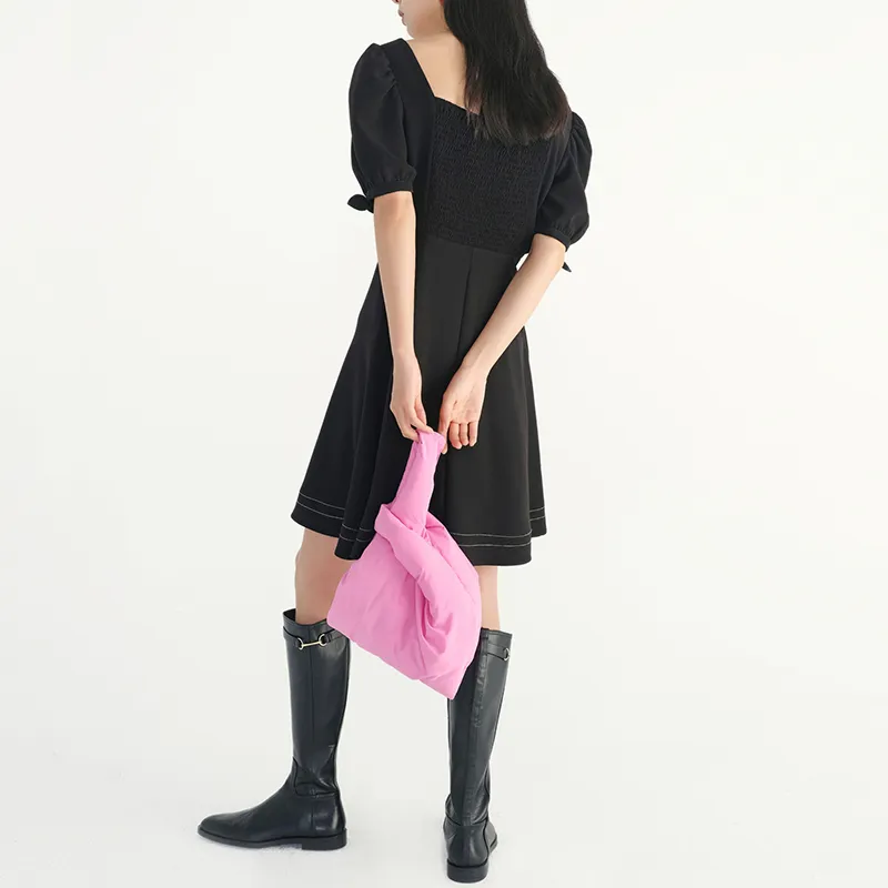 [EAM] Women Black Bow Tie Knee-Length Dress Square Neck Short Sleeve Loose Fit Fashion Spring Summer 1DD599901 210512