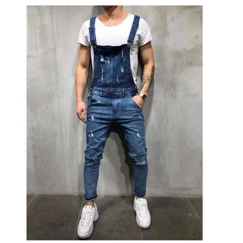 2021 haute qualité hommes Style britannique Denim bavoir pantalon pleine longueur combinaisons Hip Hop déchiré jean salopette pour hommes Streetwear X0621