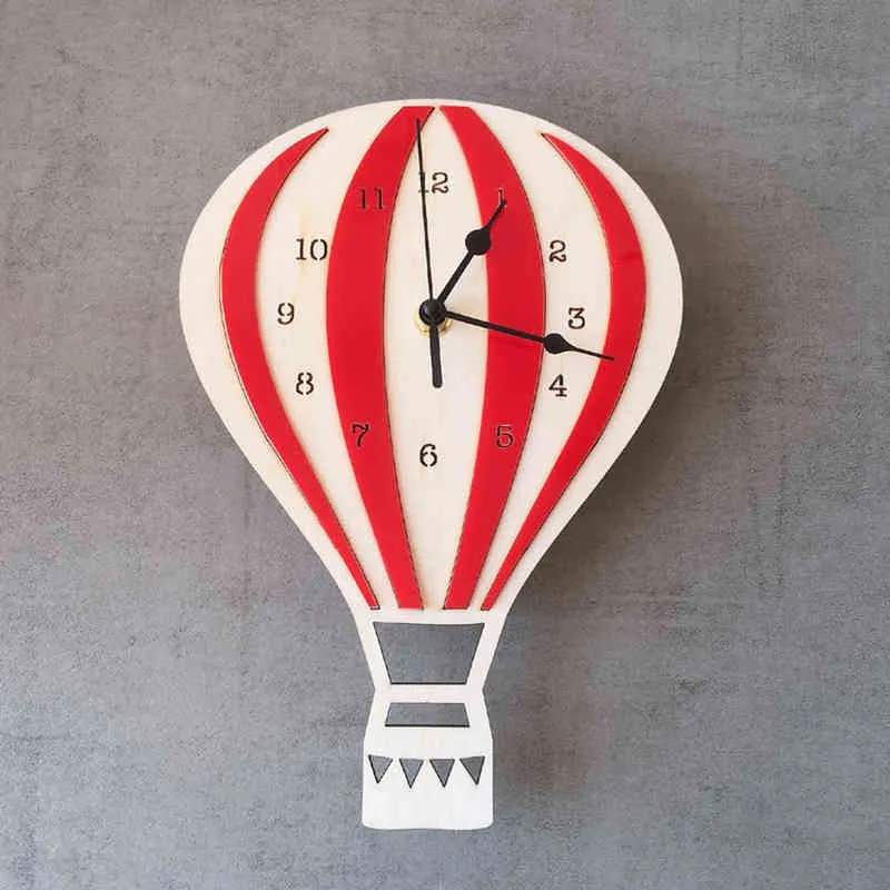 ノルディックスタイルの熱気バルーン形状の壁掛け時計木製ミュート壁掛け時計バッテリーの電源を入れられた子供たちの家の装飾H1230