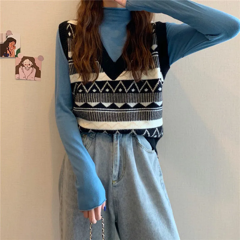 Pullover Donna Stile coreano Oversize Senza maniche Maglione lavorato a maglia a righe giapponese Hip Hop Moda invernale femminile Top 210427
