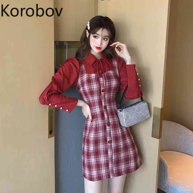 Korobov moda elegante Plaid mujeres vestido coreano cuello vuelto manga larga Patchwork Streetwear Vestidos ajustados 210430