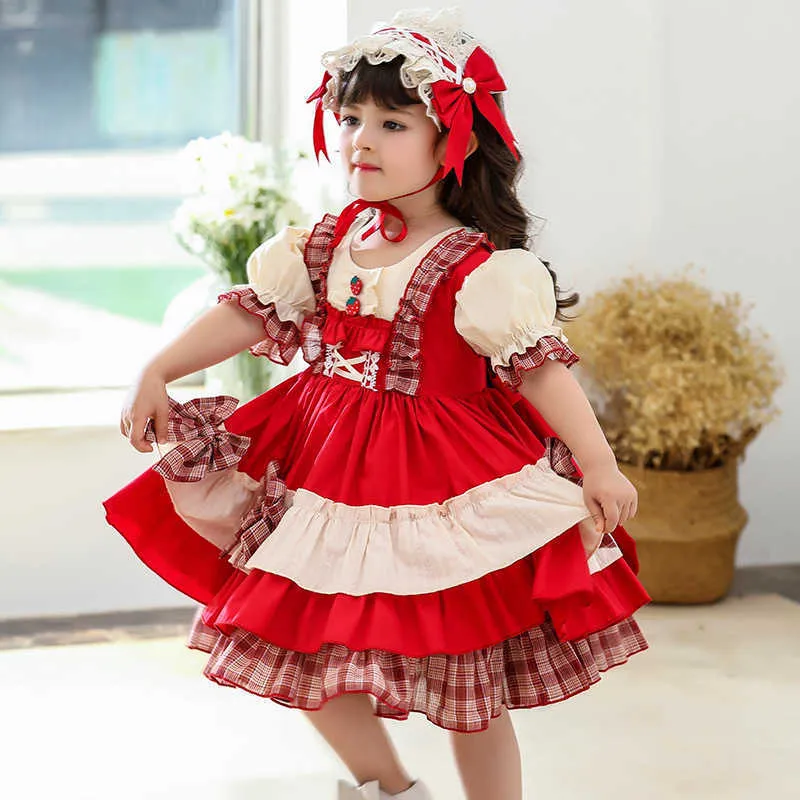 Neonate Vestito spagnolo Bambini Lolita Principessa Abiti vintage rossi Bambino Festa di compleanno Abito da ballo Adolescente Strawberry Vestidos 210615