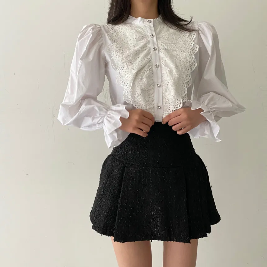 Comelsexy Retro French Style Lace Shirts All Match Women Streetwear Fashion Brief Office Lady Elegance Blouse Tops 210515