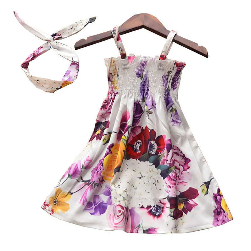 Été Blanc Fleur Imprimé Robe pour Bébé Fille Kid Party Boutique Robe Sans Manches pour Fille Floral DressHeadband Dress Fille Q0716