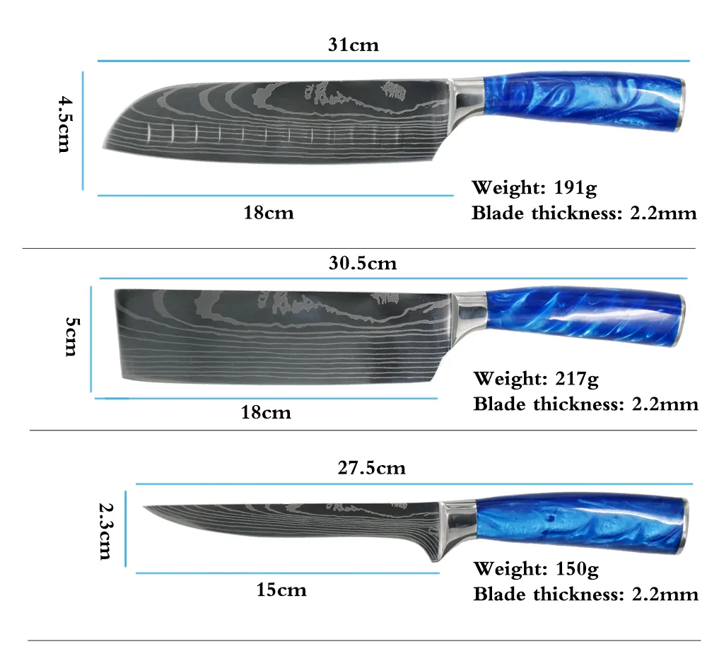 Ensemble de couteaux de cuisine, manche en résine bleue, Chef LNIFE Laser motif EAMASCUS japonais en acier inoxydable Santoku couperet outils de tranchage 271n