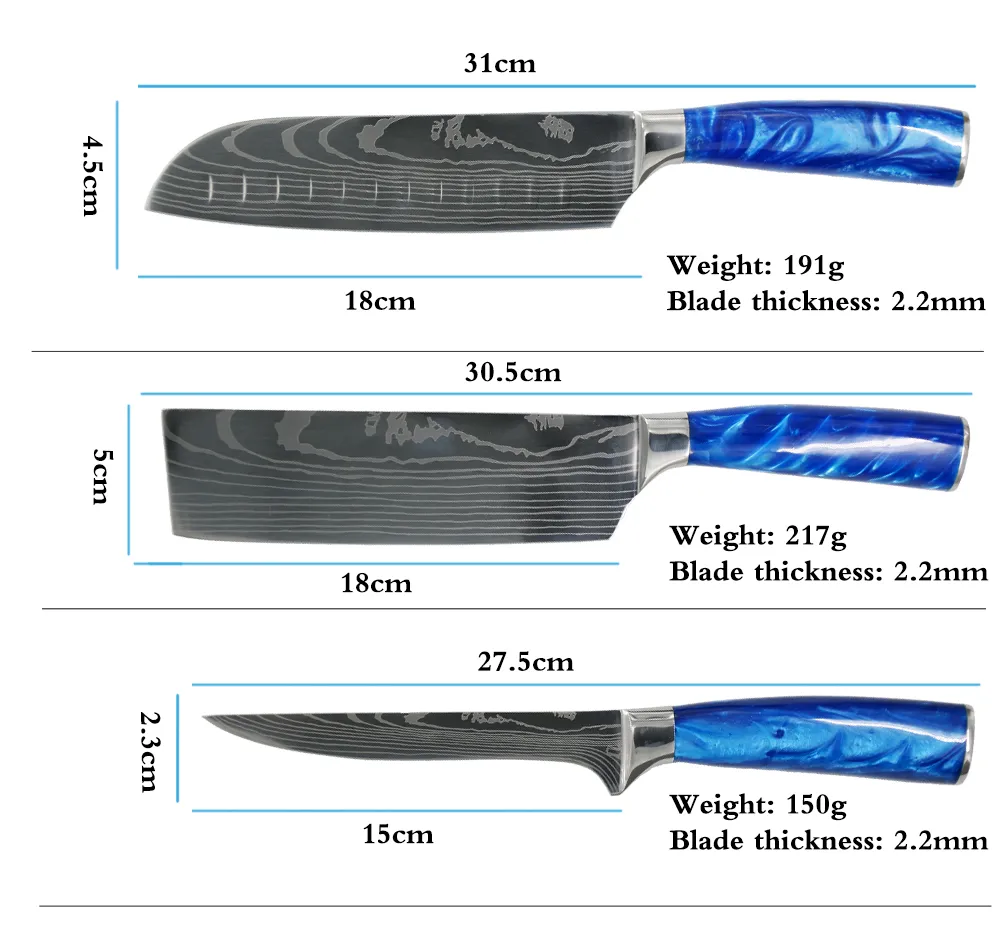 Küchenmesser-Set, blauer Harzgriff, Chefkoch, LNIFE, Laser, EAMASCUS-Muster, japanisches Edelstahl-Santoku-Hackmesser, Schneidewerkzeuge271n