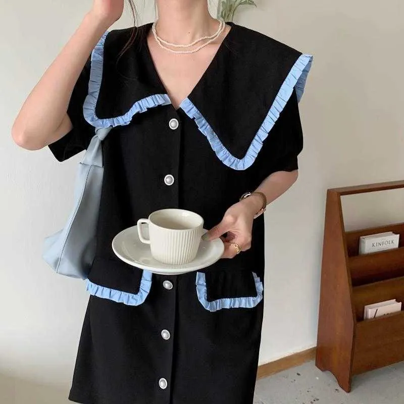 Biuro Lady Ruffles Navy Collar Elegancki Color-Hit Femme Proste Sprzedaż Lato Vintage Mini Sukienki Vestidos 210525
