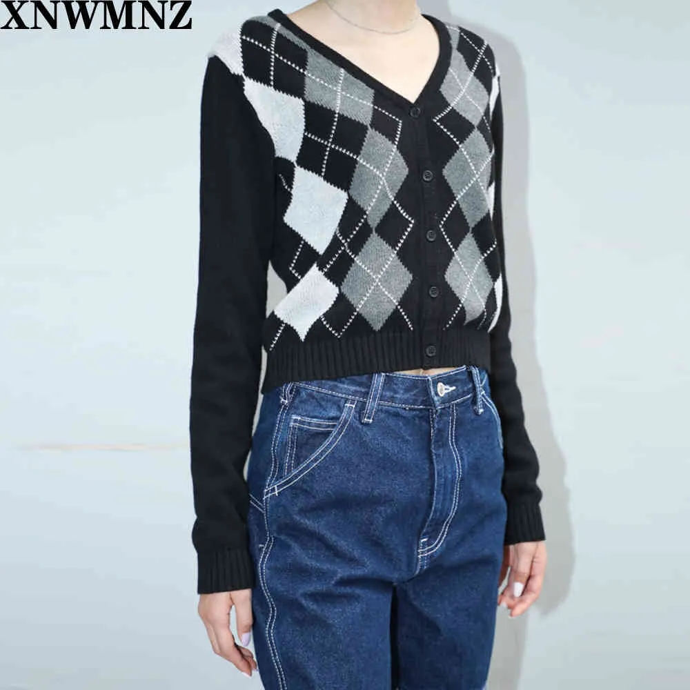 Kvinnor cardigan vintage stilig geometrisk mönster kort stickad tröja mode långärmad England stil ytterkläder Chaqueta 210510