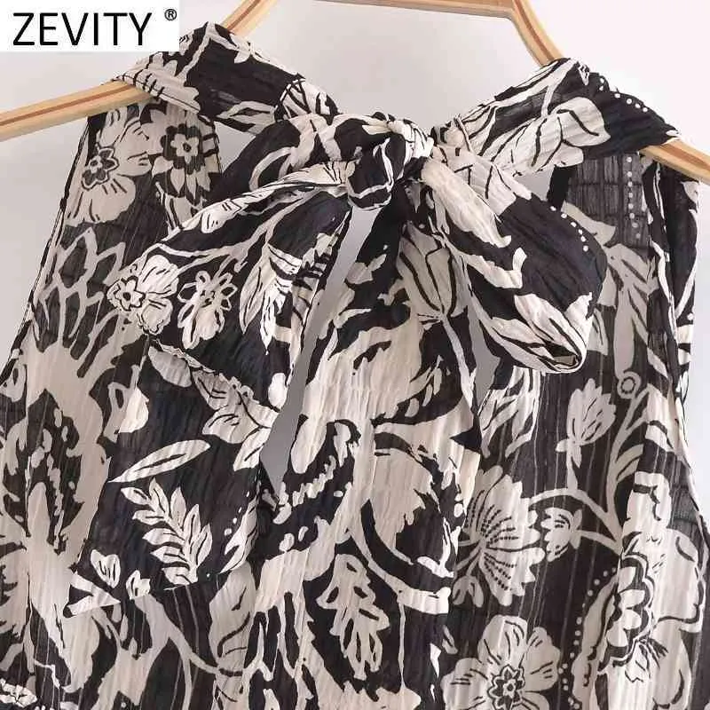 Women Vintage Tropical Floral Print Short Smock Blouse Female Sleeveles Backless Bow Tie Vest Shirt Chic Crop Tops LS9253 210420