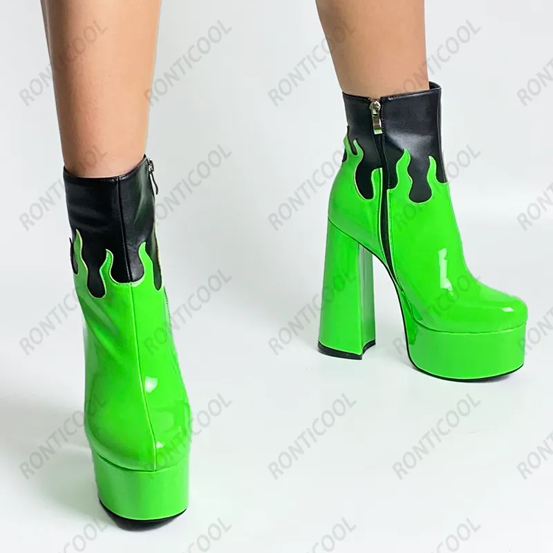 Rontic, novedad de 2021, botines de plataforma de invierno para mujer, tacones de bloque con cremallera lateral, punta redonda, zapatos de vestir verdes de Boutique, tallas de EE. UU. 5-15