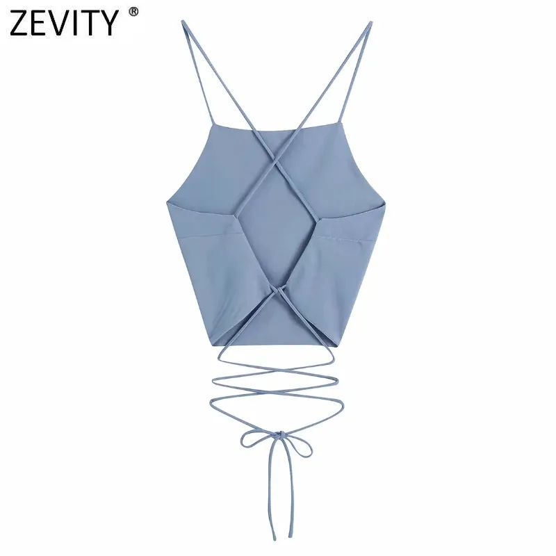 ZEVITY Yeni Kadın Spagetti Kayışı Seksi Chic Katı Camiş Tankı Lady Yaz Backless Çapraz Lace Up Sling Kısa Mahsul Tops LS9010 210419