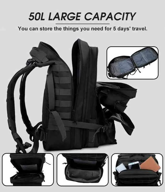 30L; / 50L 대용량 남성 육군 군사 전술 배낭 3P Softback 야외 방수 가방 하이킹 캠핑 사냥 가방 211224