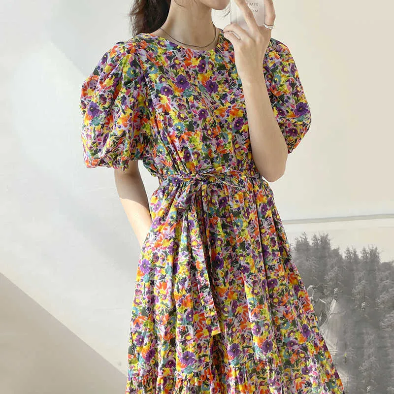 Korejpaa Frauen Kleid Sommer Korea Chic Vintage Eleganter Druck O-Ausschnitt Bunte Blumenmuster Taille Slim Bubble Sleeve Kleider 210526