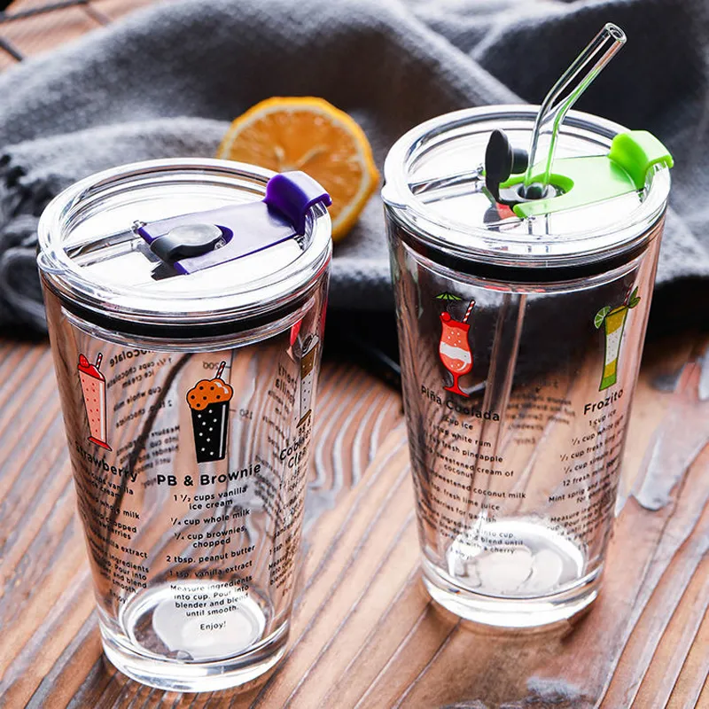 Set Travel Glass Mug Coffee Cup Heat-Resistant Glass Scale Cup Car Water Milk Cup Insulation Non-slip Cover Glass Straw