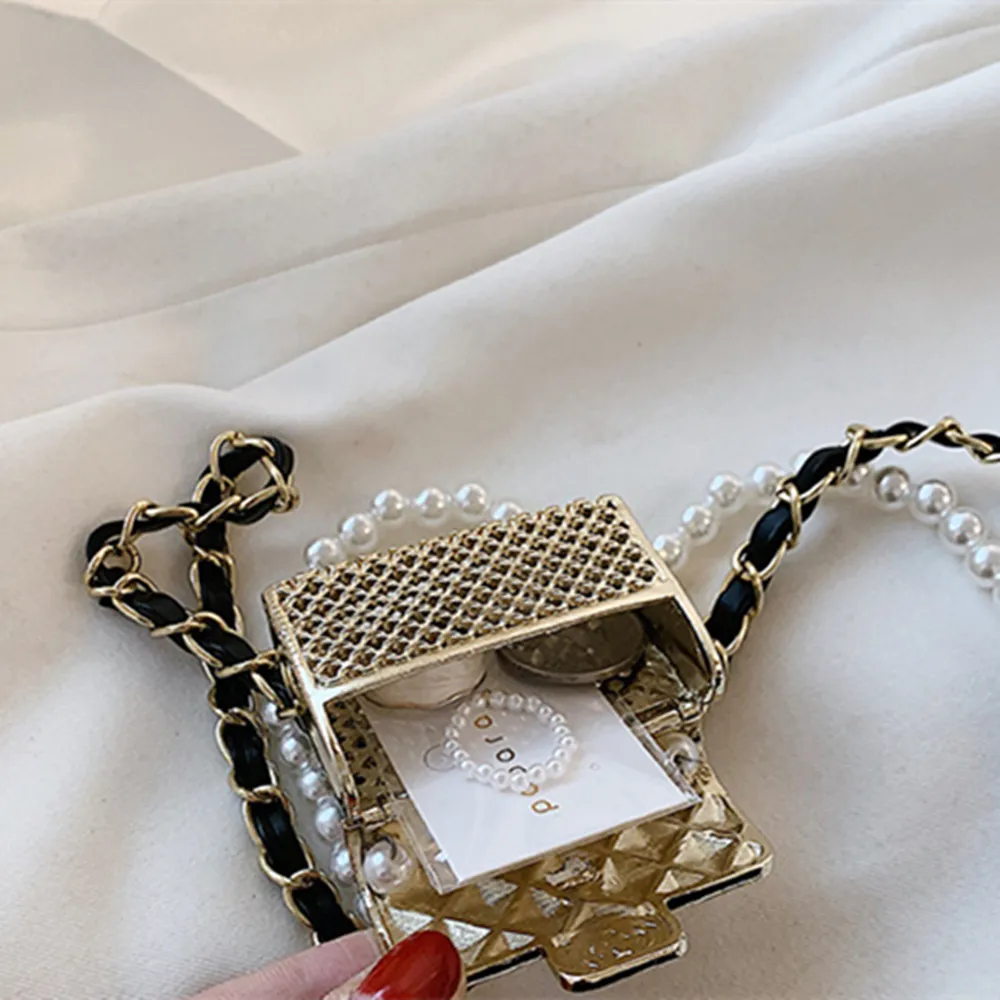 Crossbody Bag Ladies Mode Luxus Mini Metall Pearl Bauch Taille Kette Kleine quadratische Schultertasche Halskette für Frauen2696889