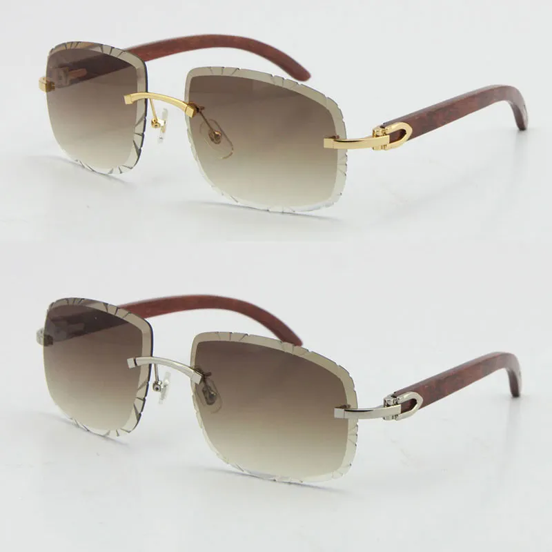 Whole Rimless Wood Carved lens Sunglasses for women Vintage Limited Wooden Trimming Len 18K Gold metal frame Sun glasses Unise279x