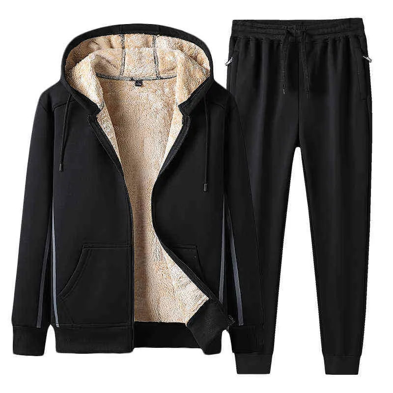Hooded Men's Winter Fleece Tracksuit Engrossar Quente suor Suites Sportswear Zipper Hoodie + Calças 2 Peça Jogger Sets 8xl 211123