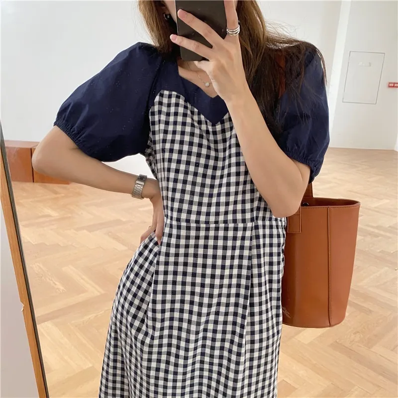 Korobov New Puff Short Sleeve Women Dress Vintage Plaid Patchwork Chic Square Collar Vestidos Korean Elegant OL Dresses 210430