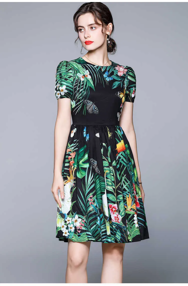 Sommer Mode Temperament Casual Frauen O Hals Kurzarm Tropical Style Print Dünnes Kleid 210531