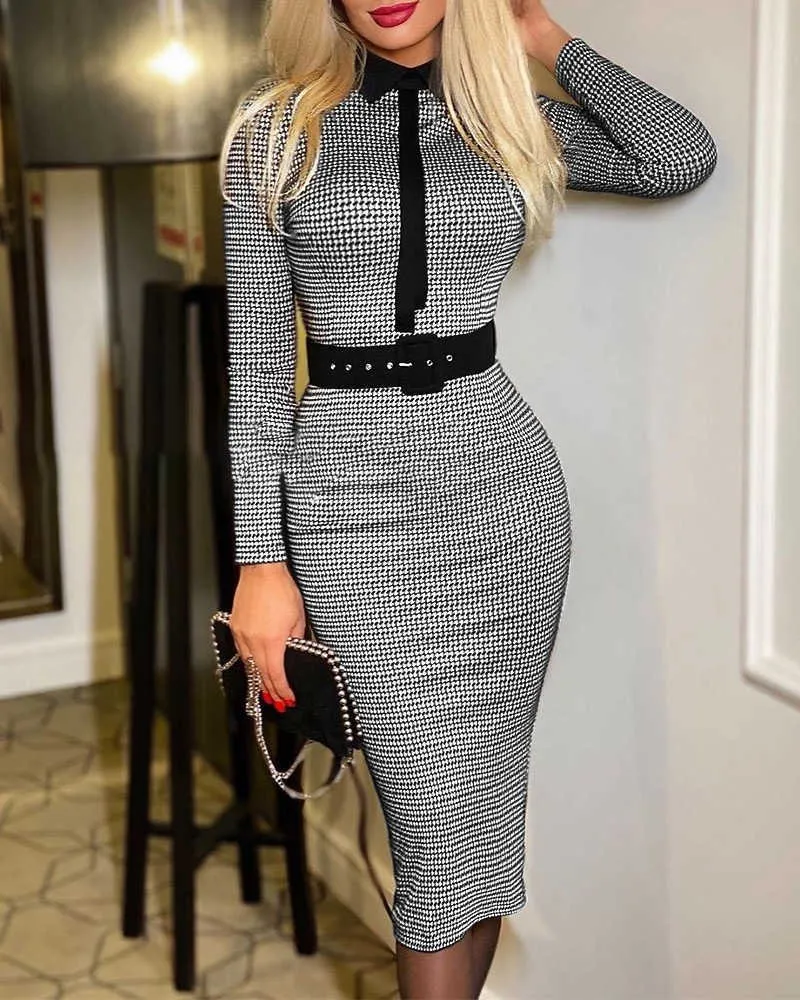 Jesień Moda Elegancka Tight Sukienka Kobiety Biurowe Damskie Plaid Print Pas Długim Rękawem Y1006