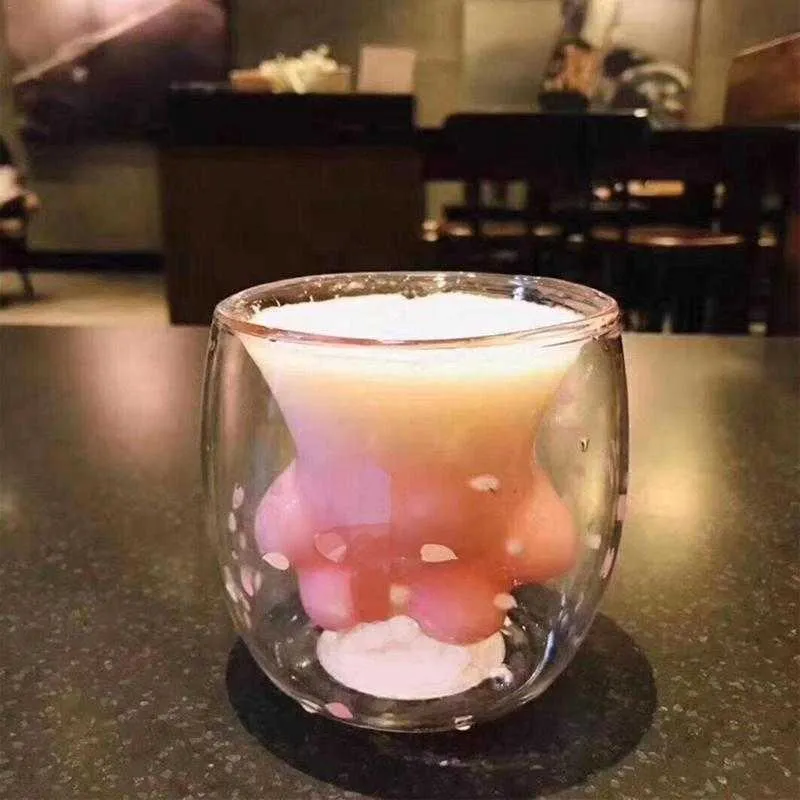 2019 милый кот когть стекло кружки мультфильм кофе молока чашка двойной слой чай для starbucks девушка подарки падение