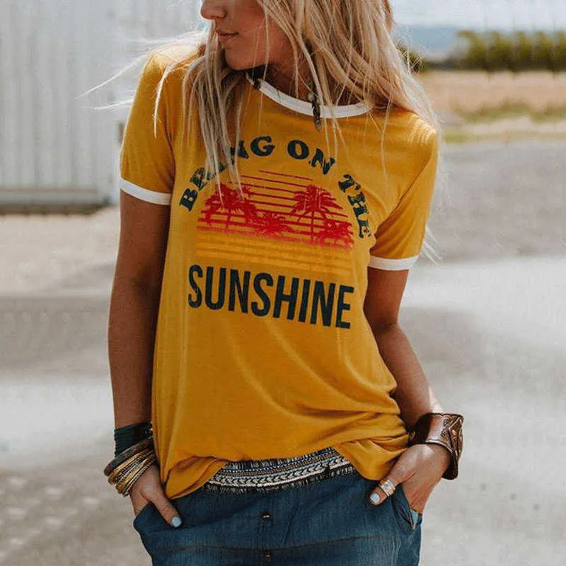 Vrouwen Breng het Zonneschijn Strand Casual Tee Dames Aesthetic Streetwear Slogan Floral Crew Neck Letters Zomer Top T-shirt 210720